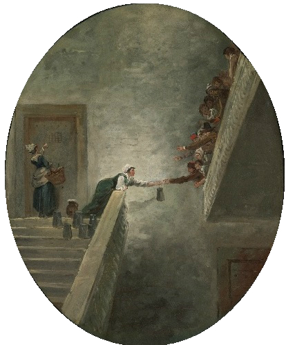 Distribution of milk at Saint Lazare prison, 1794, by Hubert Robert (1733-1808)  painted in 1794,  Sothebys Old Masters Sale, New York, 5 June 2014, Lot 89.